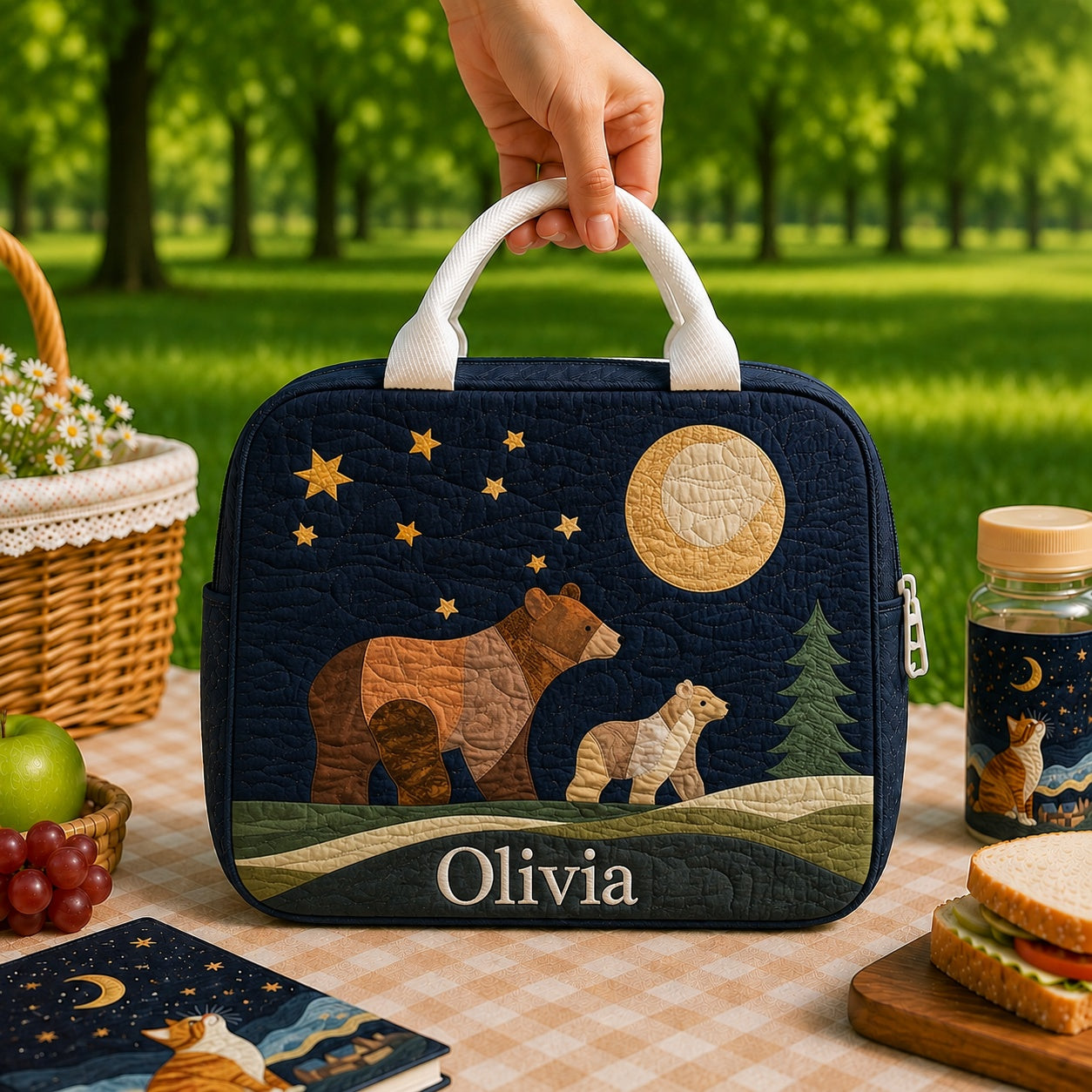 Mama Bear Quilted Lunch Bag, Insulated Quilted Lunch Tote, Woodland Lunch Bag, Custom Lunch Bag, Back To School Bag, Picnic Bag, Reusable Lunch Tote QLB34