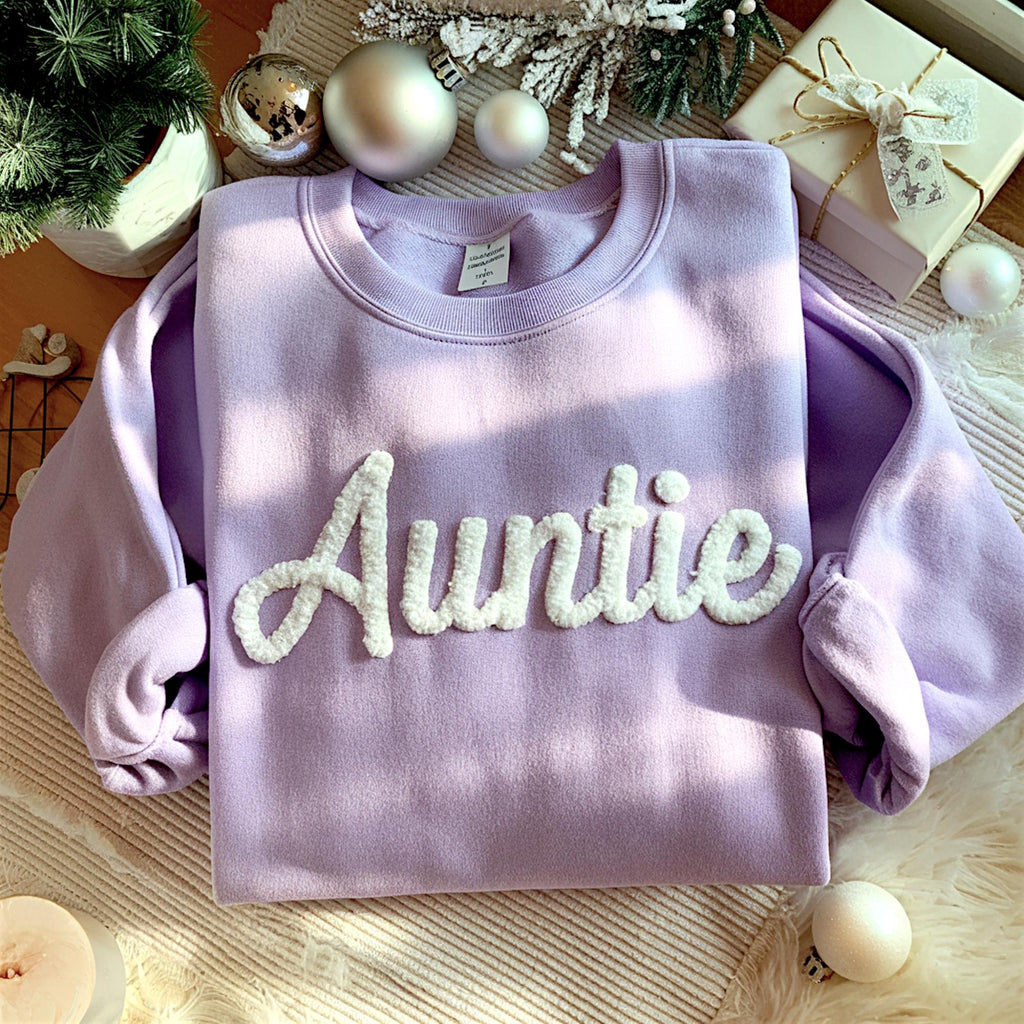 Auntie Chenille Yarn Embroidered Sweatshirt, Xmas Embroidery Shirt, Gift for Aunt, Family Matching, Christmas Gift For Aunty