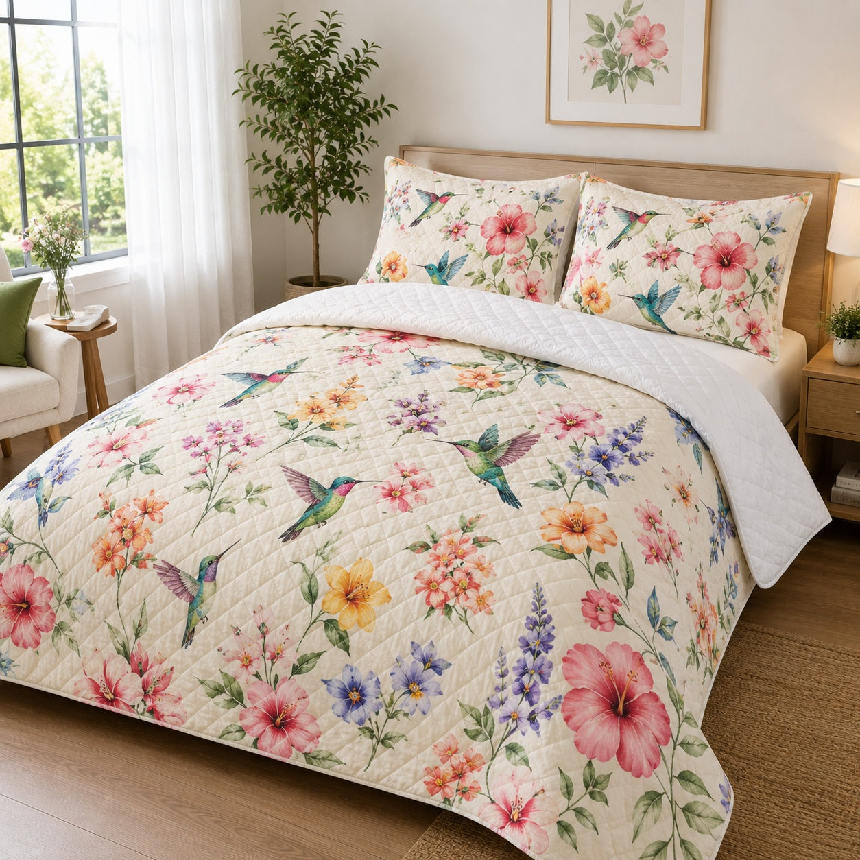 Hummingbird Flower Quilted Bedding Set, Hummingbird Blanket, Hummingbird Quilt with Pillow Covers, Bedroom Decor QBEDSET31