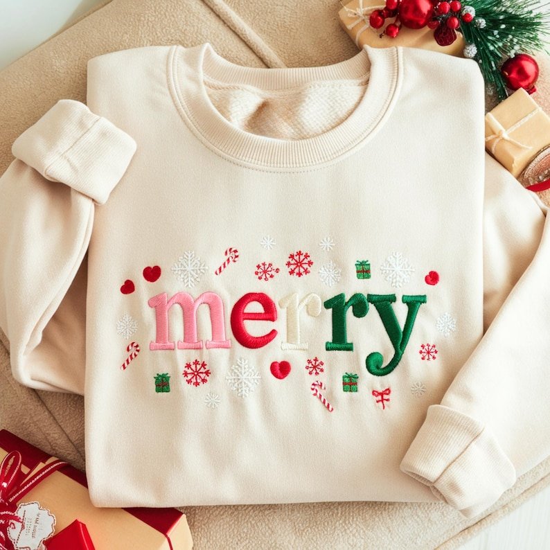 Merry Christmas Embroidered Sweatshirt, Colorful Holiday Crewneck, Cute Xmas Gift Shirt XMASS23
