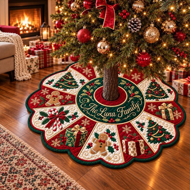 Custom Gingerbread Quilted Tree Skirt, Patchwork Xmas Tree Skirt, Holiday Decor, Xmas Tree Base Cover, Custom Tree Skirt XMASTS24