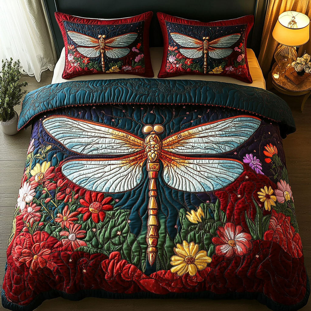 Dragonfly Garden Quilted Bedding Set, Colorful Floral Blanket, Quilt with Pillow Covers, Bedroom Decor QBEDSET58