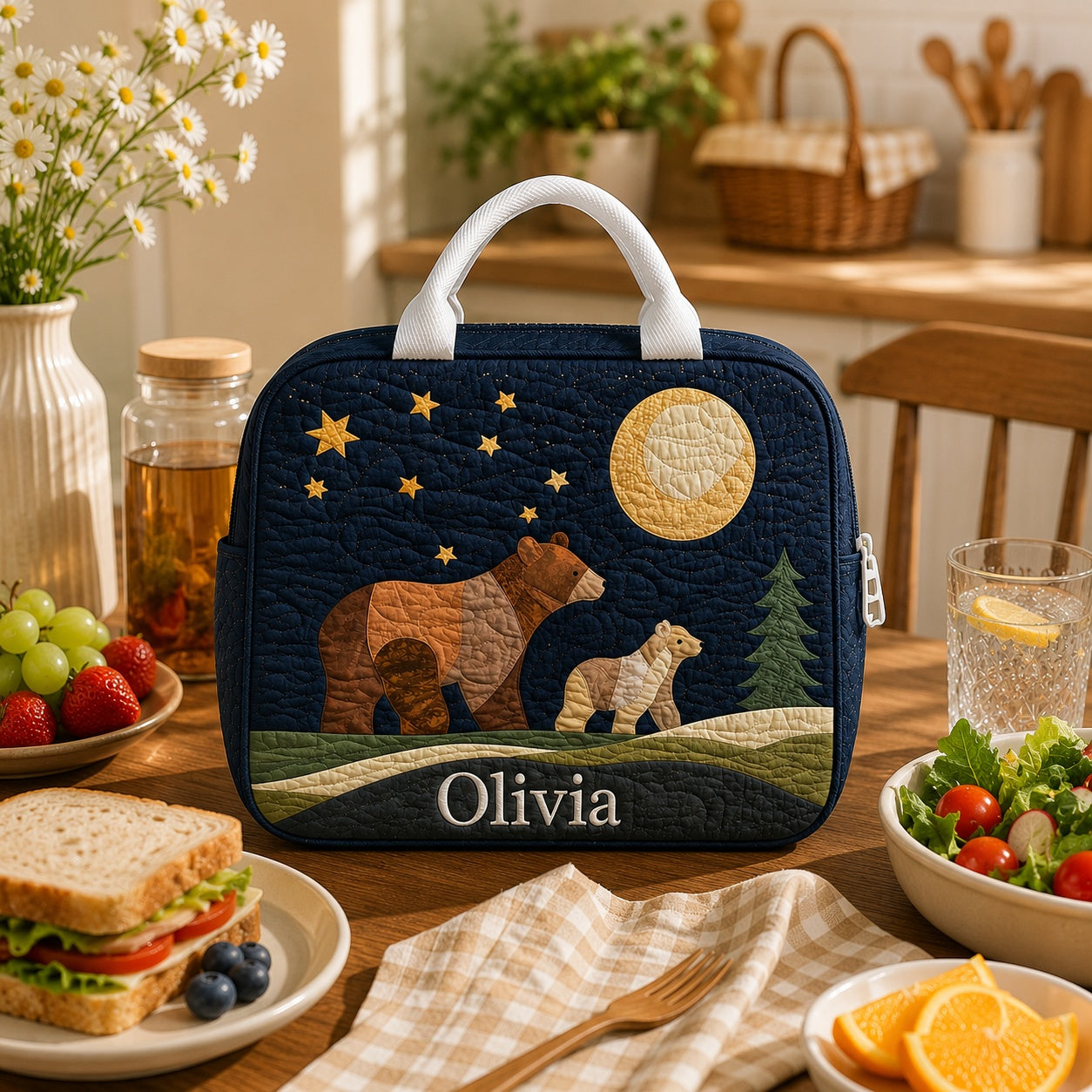 Mama Bear Quilted Lunch Bag, Insulated Quilted Lunch Tote, Woodland Lunch Bag, Custom Lunch Bag, Back To School Bag, Picnic Bag, Reusable Lunch Tote QLB34