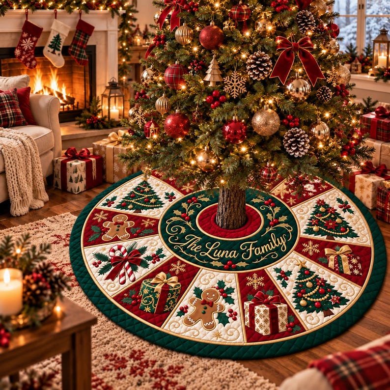 Custom Gingerbread Quilted Tree Skirt, Patchwork Xmas Tree Skirt, Holiday Decor, Xmas Tree Base Cover, Custom Tree Skirt XMASTS24