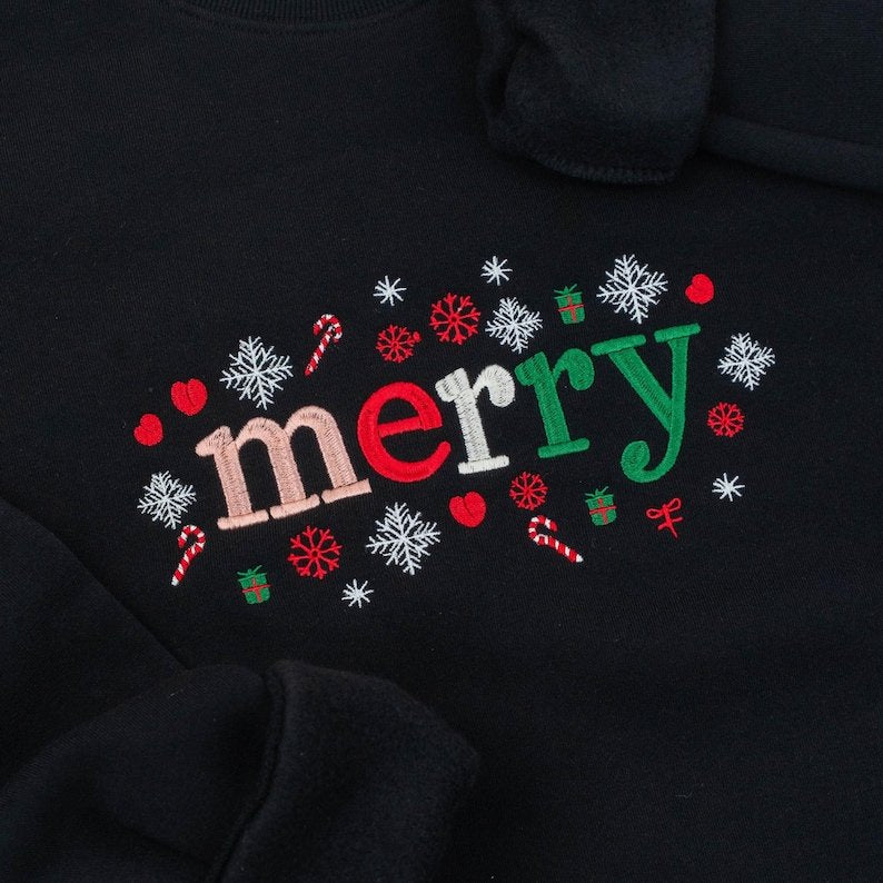 Merry Christmas Embroidered Sweatshirt, Colorful Holiday Crewneck, Cute Xmas Gift Shirt XMASS23