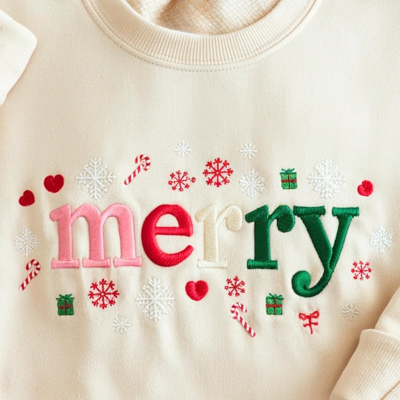 Merry Christmas Embroidered Sweatshirt, Colorful Holiday Crewneck, Cute Xmas Gift Shirt XMASS23