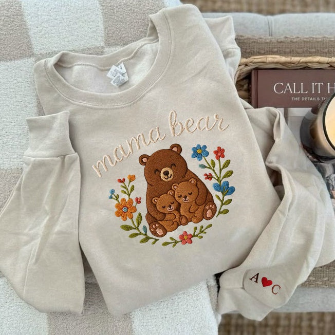 Mama Bear Embroidered Sweatshirt, Cute Bear Family Sweater, Personalized Mom Gift, Cozy Minimal Outfit, Floral Embroidery Shirt