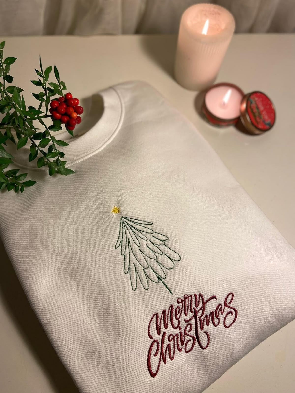 Minimal Christmas Tree Embroidered Sweatshirt, Merry Christmas Sweater, Cozy Winter Outfit, Holiday Crewneck Gift for Her & Him