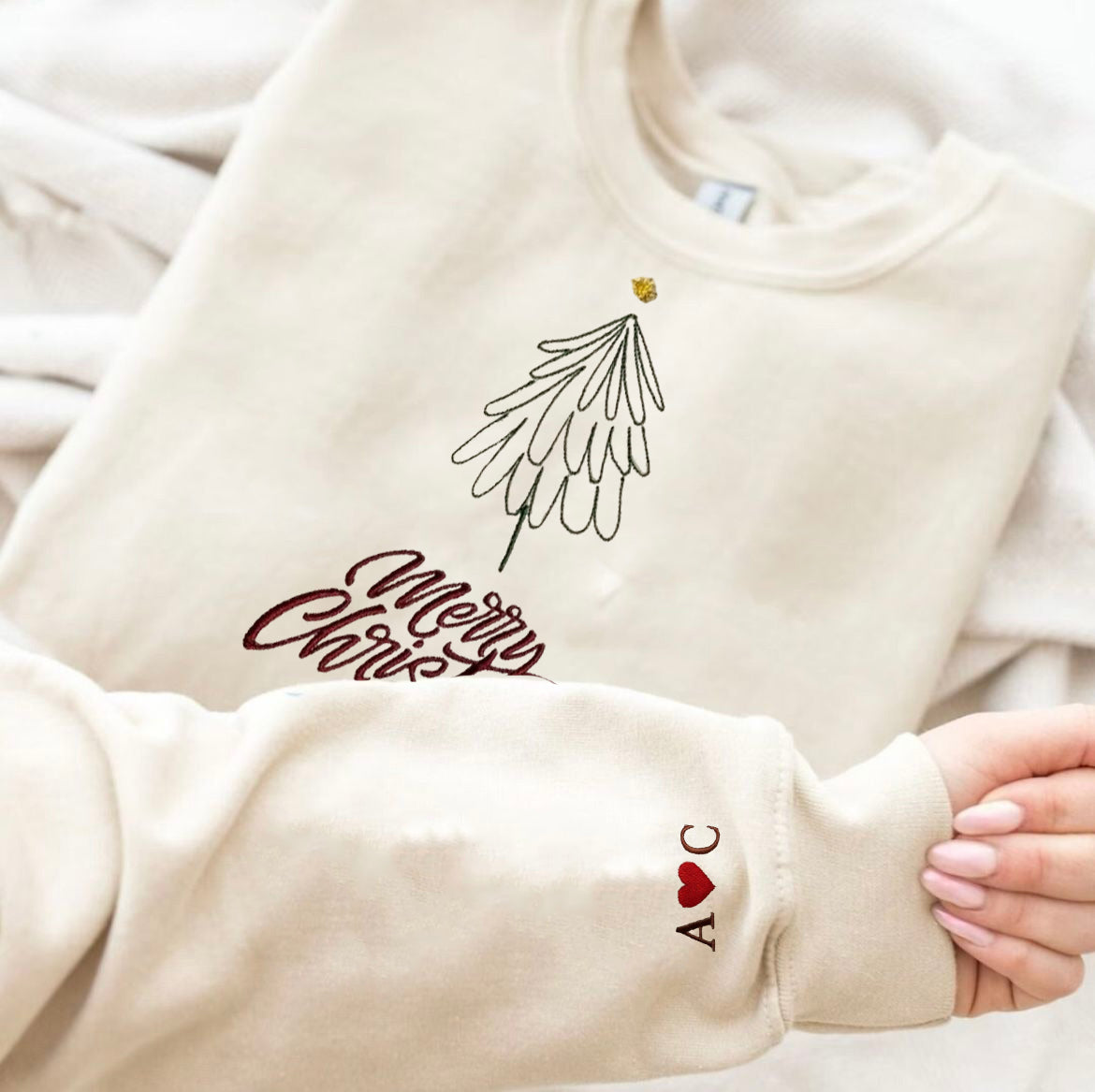 Minimal Christmas Tree Embroidered Sweatshirt, Merry Christmas Sweater, Cozy Winter Outfit, Holiday Crewneck Gift for Her & Him