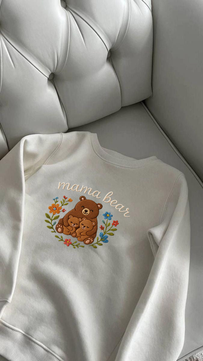 Mama Bear Embroidered Sweatshirt, Cute Bear Family Sweater, Personalized Mom Gift, Cozy Minimal Outfit, Floral Embroidery Shirt