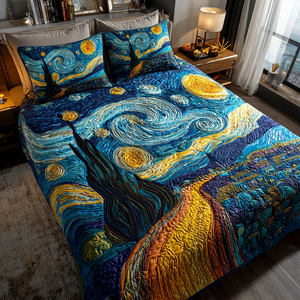Starry Night Quilted Bedding Set, Van Gogh Inspired Blanket, Quilt with Pillow Covers, Bedroom Decor QBEDSET59