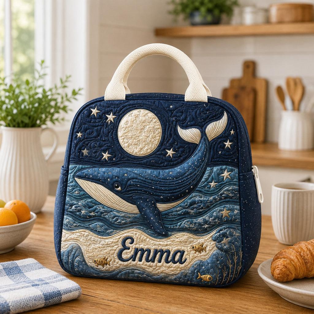Whale Quilted Lunch Bag, Insulated Quilted Lunch Tote, Ocean Lunch Bag, Custom Lunch Bag, Back To School Bag, Picnic Bag, Reusable Lunch Tote QLB35