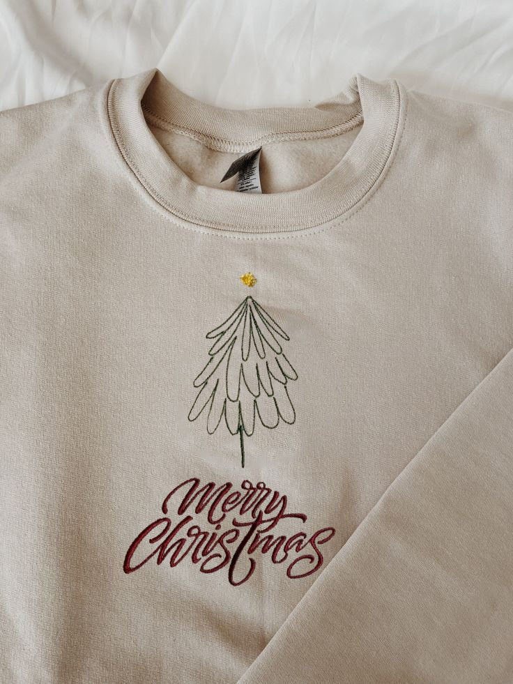 Minimal Christmas Tree Embroidered Sweatshirt, Merry Christmas Sweater, Cozy Winter Outfit, Holiday Crewneck Gift for Her & Him