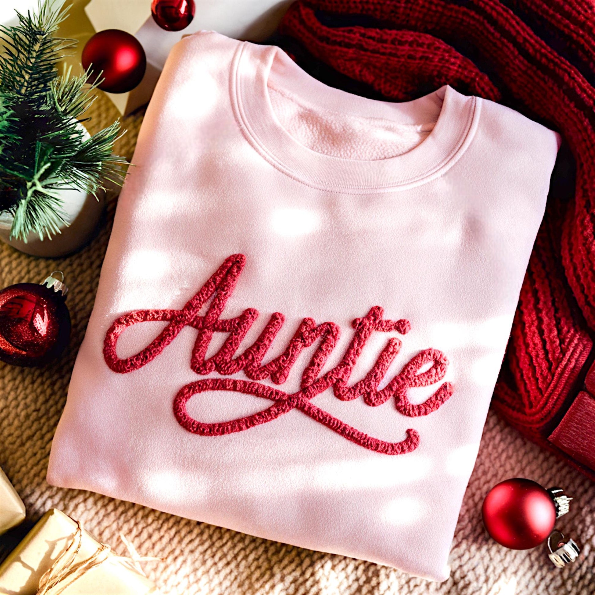 Auntie Chenille Embroidered Sweatshirt, Cozy Pink Pullover, Christmas Aunt Gift, Family Matching Holiday Sweater