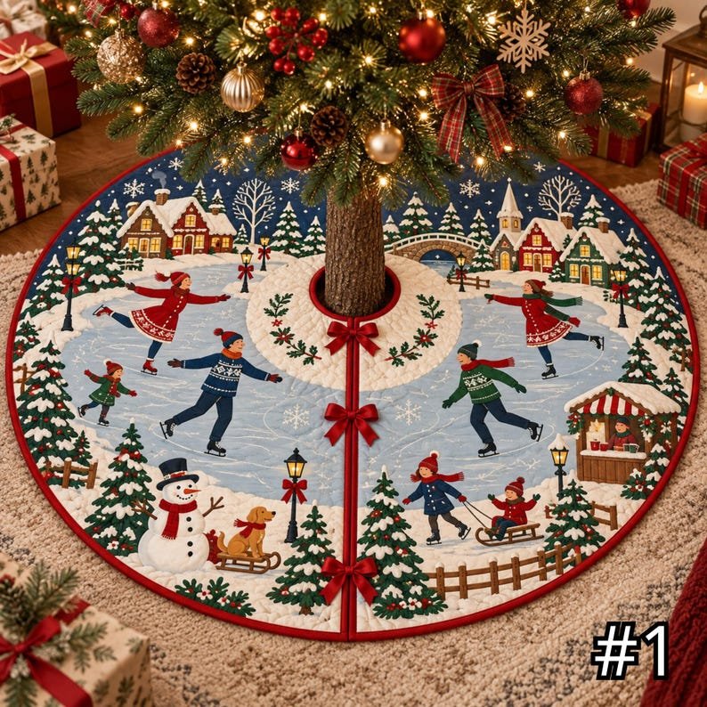 Scandinavian Ice Skating Village Quilted Tree Skirt, Patchwork Xmas Tree Skirt, Holiday Decor, Xmas Tree Base Cover, Custom Tree Skirt XMASTS25