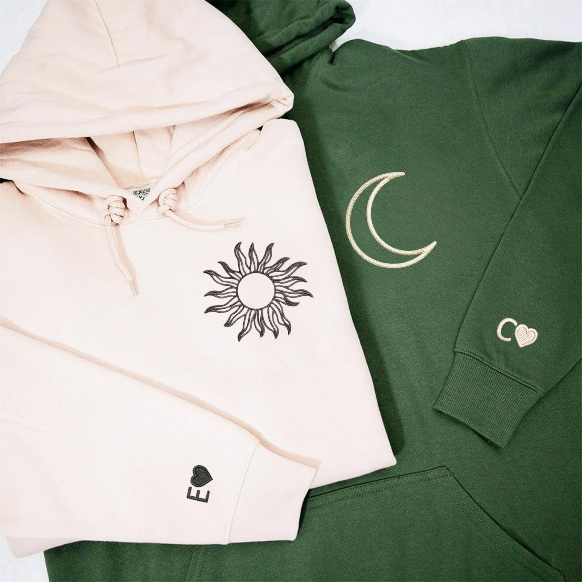 Sun and Moon Couple Hoodies with Personalized Initials, Custom His and Hers Matching Sweatshirts, Valentine or Anniversary Gift