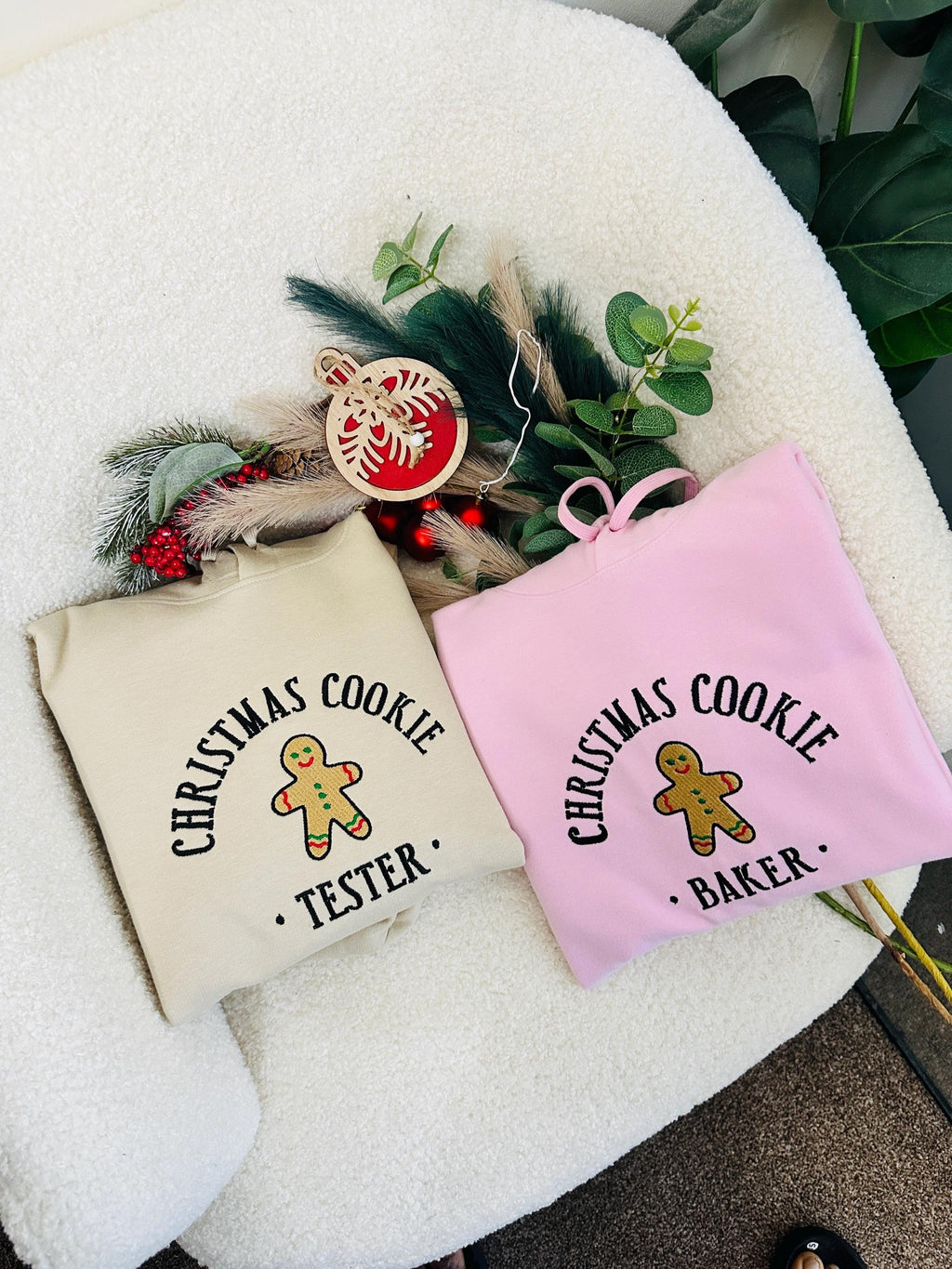Embroidered Christmas Couples Family Sweatshirts, Christmas Cookie Baker Or Tester Jumper, Matching Sweaters His And Hers Best Friend Gift