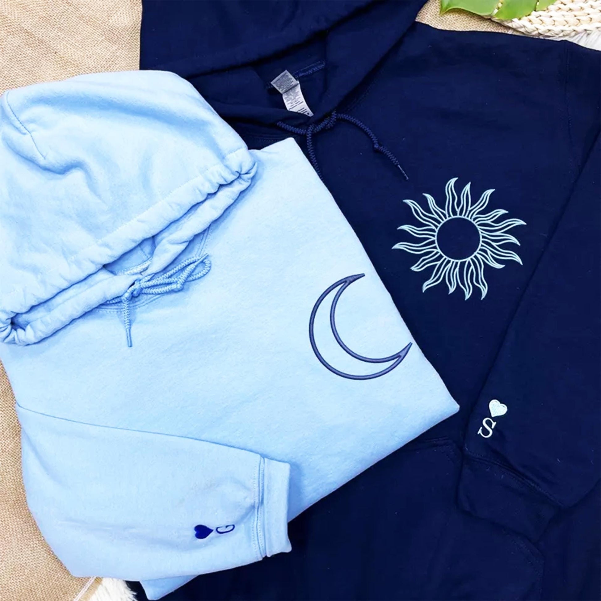 Sun and Moon Couple Hoodies with Personalized Initials, Custom His and Hers Matching Sweatshirts, Valentine or Anniversary Gift
