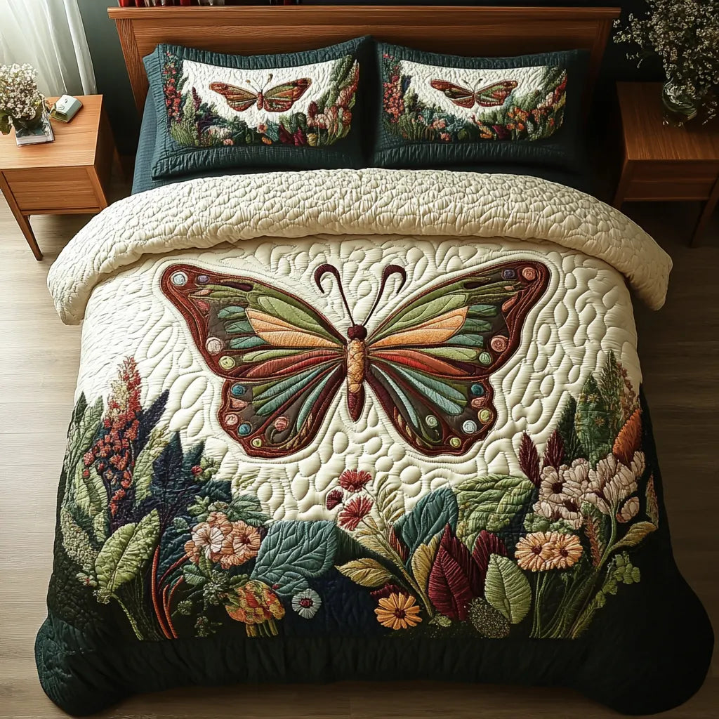 Butterfly Floral Quilted Bedding Set, Floral Inspired Blanket, Quilt with Pillow Covers, Bedroom Decor QBEDSET60