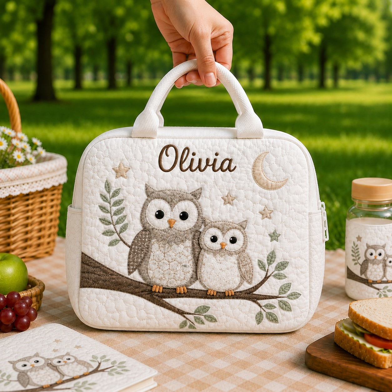 Mama Owl Quilted Lunch Bag, Insulated Quilted Lunch Tote, Owl Lunch Bag, Custom Lunch Bag, Back To School Bag, Picnic Bag, Reusable Lunch Tote QLB36