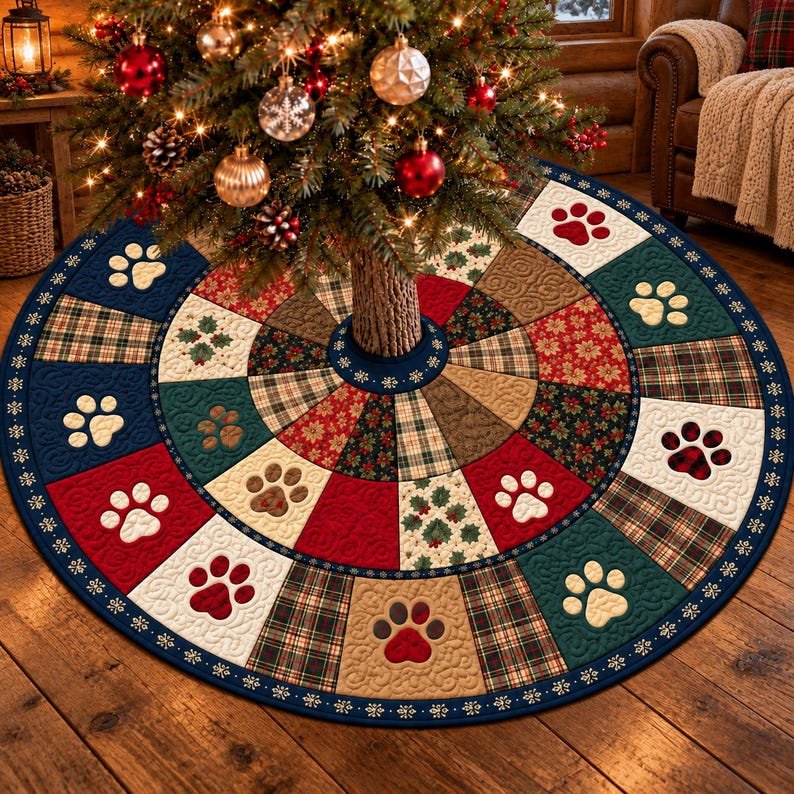 Pet Paw Quilted Tree Skirt, Patchwork Xmas Tree Skirt, Holiday Decor, Xmas Tree Base Cover, Custom Tree Skirt XMASTS26
