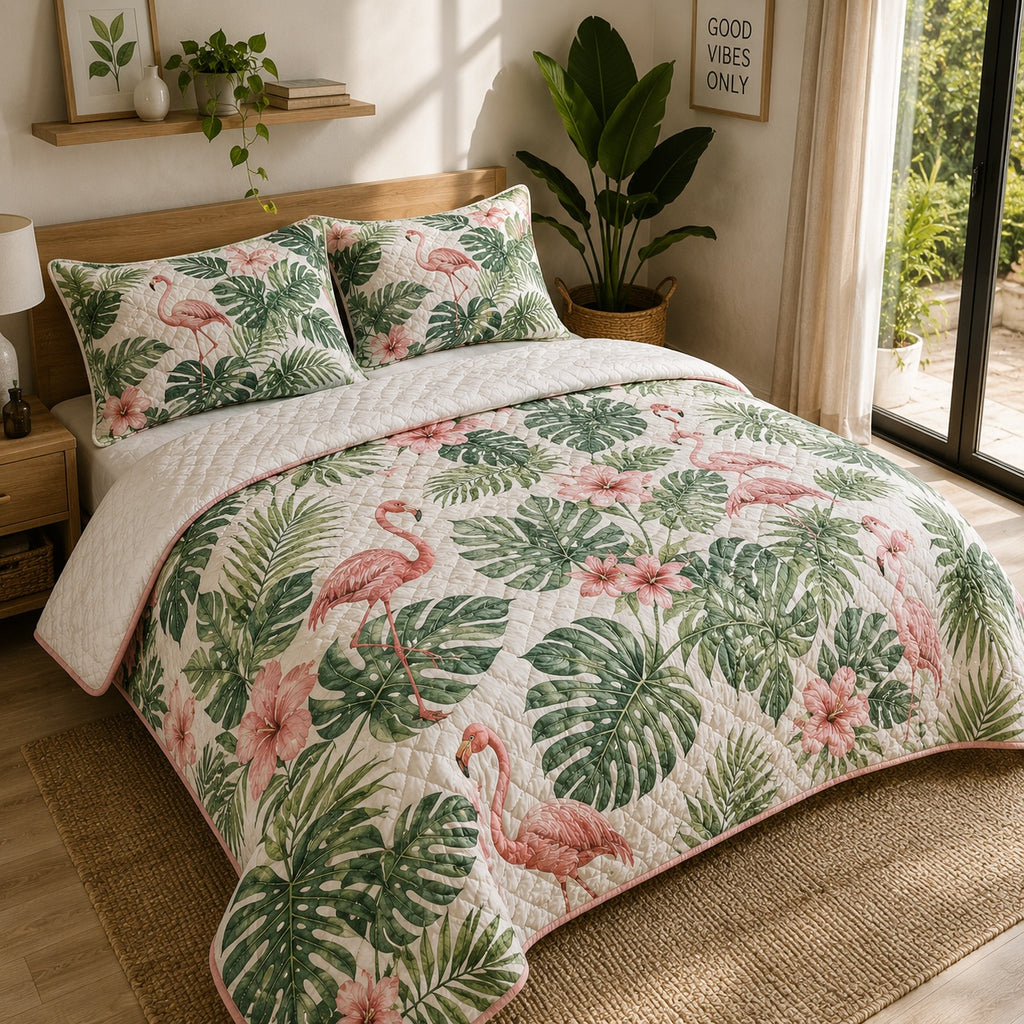 Flamingo Blanket, Flamingo Monstera Quilted Bedding Set, Tropical Pink Flamingo & Palm Leaf Quilt with Pillow Covers, Summer Bedroom Decor QBEDSET33