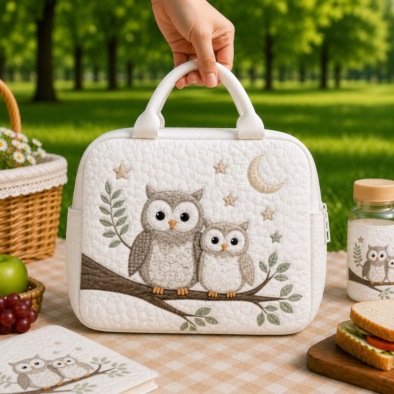 Mama Owl Quilted Lunch Bag, Insulated Quilted Lunch Tote, Owl Lunch Bag, Custom Lunch Bag, Back To School Bag, Picnic Bag, Reusable Lunch Tote QLB36