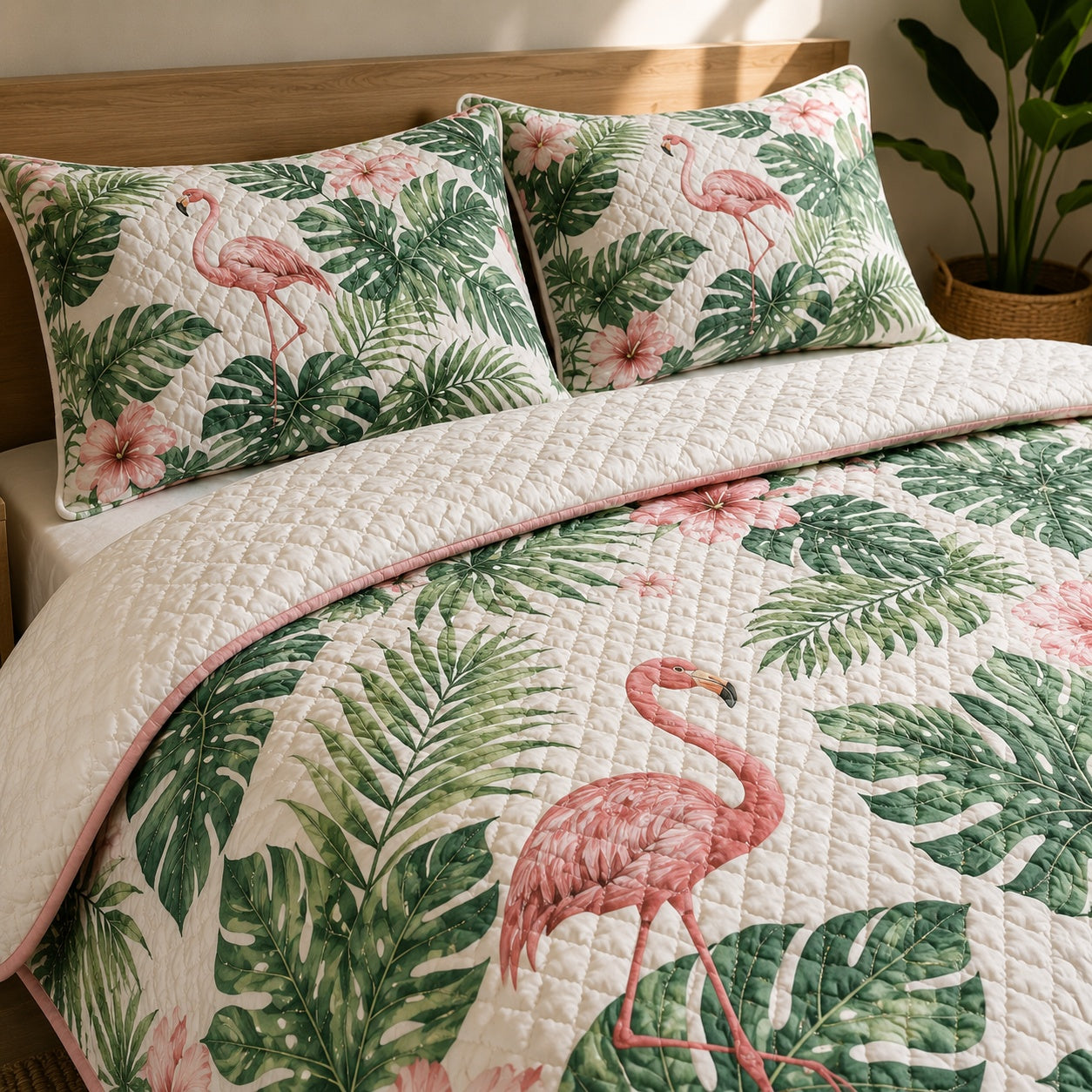 Flamingo Blanket, Flamingo Monstera Quilted Bedding Set, Tropical Pink Flamingo & Palm Leaf Quilt with Pillow Covers, Summer Bedroom Decor QBEDSET33