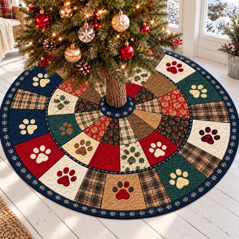 Pet Paw Quilted Tree Skirt, Patchwork Xmas Tree Skirt, Holiday Decor, Xmas Tree Base Cover, Custom Tree Skirt XMASTS26