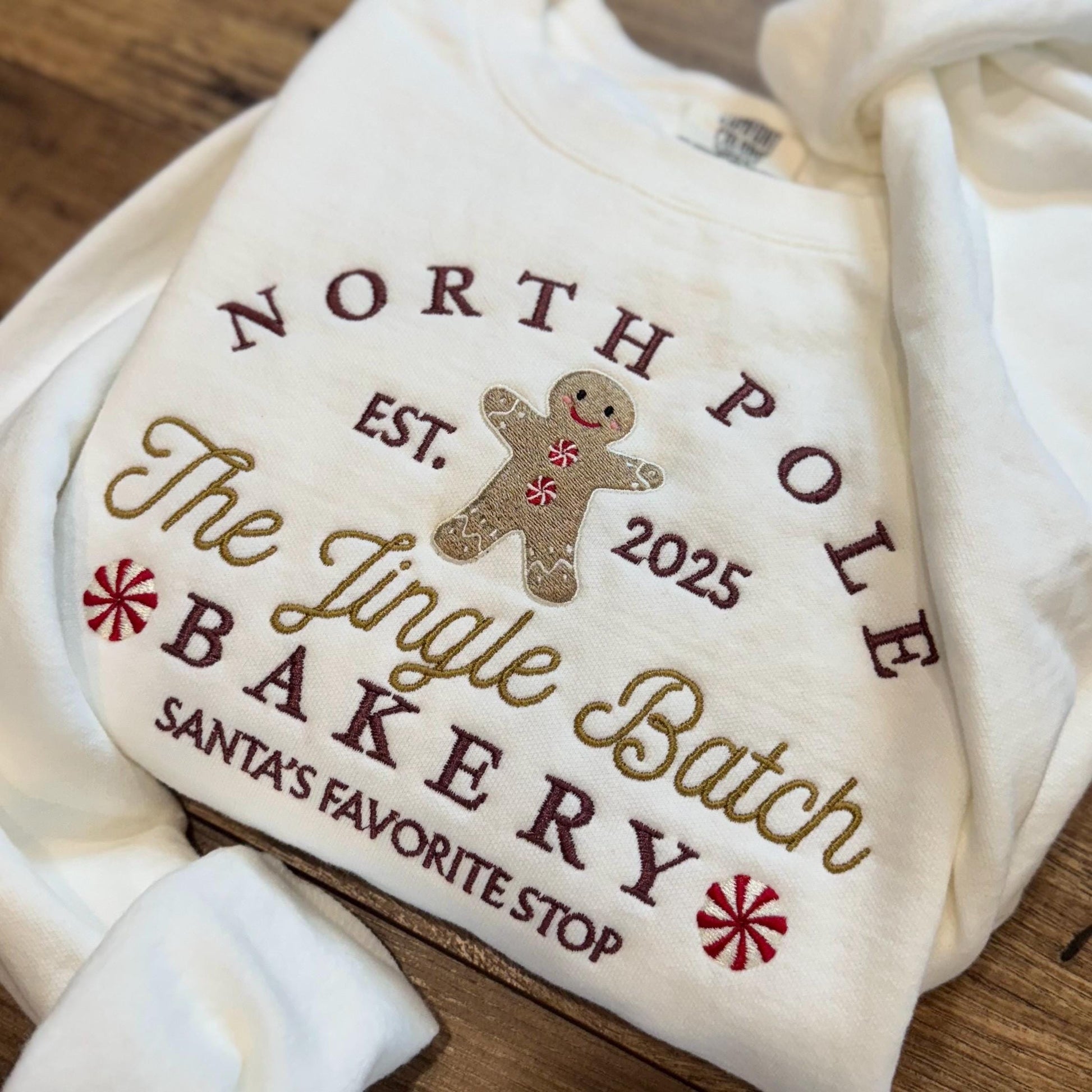 North Pole Gingerbread Bakery Embroidered Sweatshirt, Christmas Crewneck, Cozy Holiday Sweater, Cute Gingerbread Shirt Gift