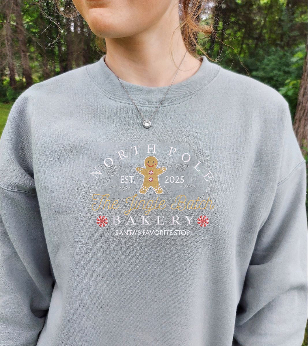 North Pole Gingerbread Bakery Embroidered Sweatshirt, Christmas Crewneck, Cozy Holiday Sweater, Cute Gingerbread Shirt Gift