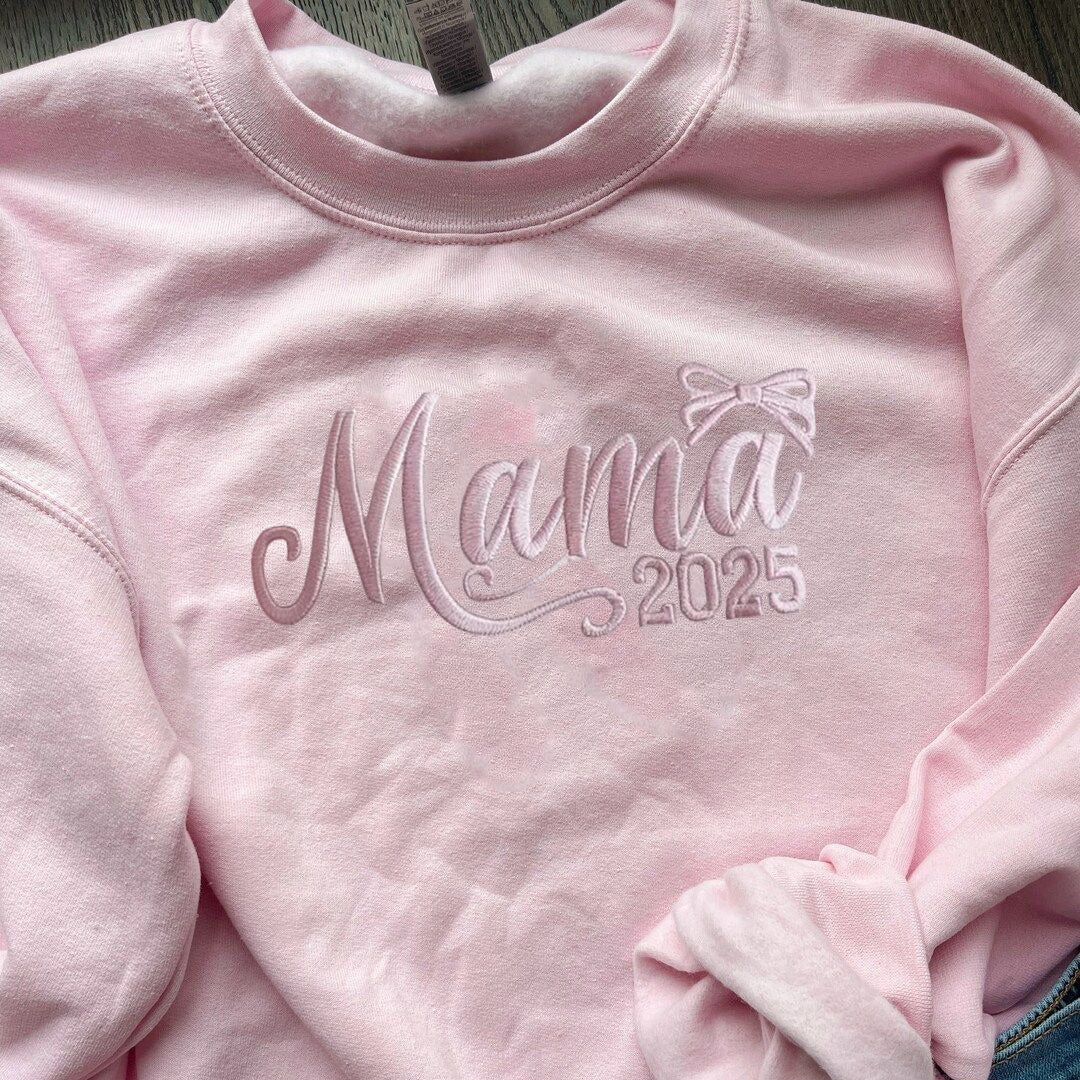 Pink Mama Est 2025 Embroidered Sweatshirt, Trendy And Cute Bow Mama Sweatshirt, Sweatshirt With Bow, Dainty Embroidered