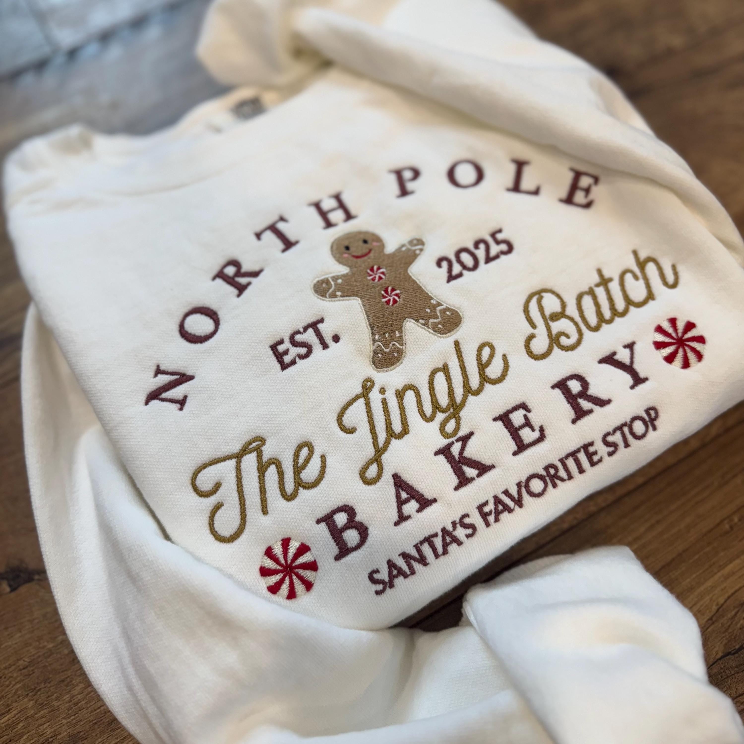 North Pole Gingerbread Bakery Embroidered Sweatshirt, Christmas Crewneck, Cozy Holiday Sweater, Cute Gingerbread Shirt Gift