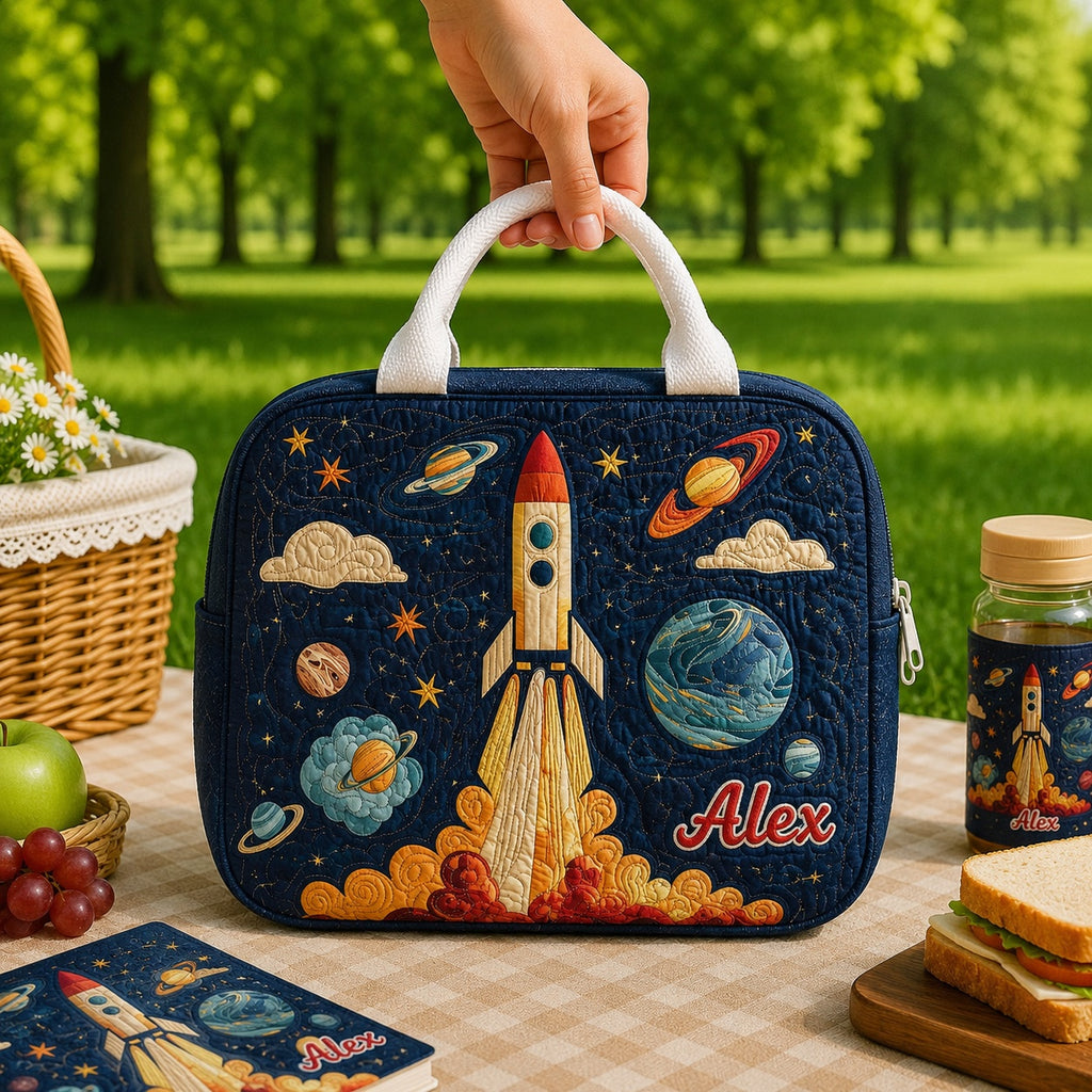 Space Rocket Quilted Lunch Bag, Insulated Quilted Lunch Tote, Galaxy Planet Lunch Bag, Custom Lunch Bag, Back To School Bag, Picnic Bag, Reusable Lunch Tote QLB37