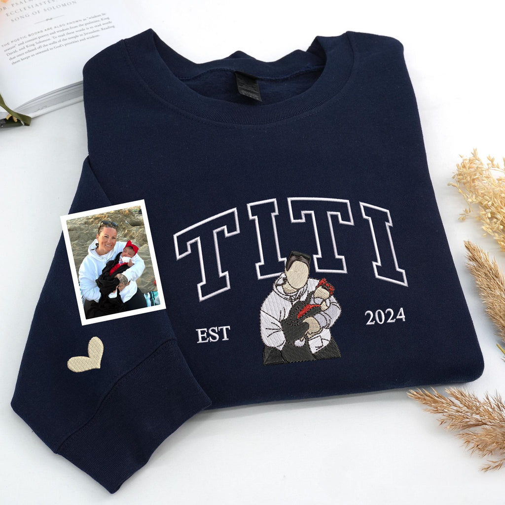 Custom Embroidered Titi Sweatshirt With Photo, Embroidered Auntie Portrait Sweatshirt, Birthday Gift For Auntie, New Aunt Gift