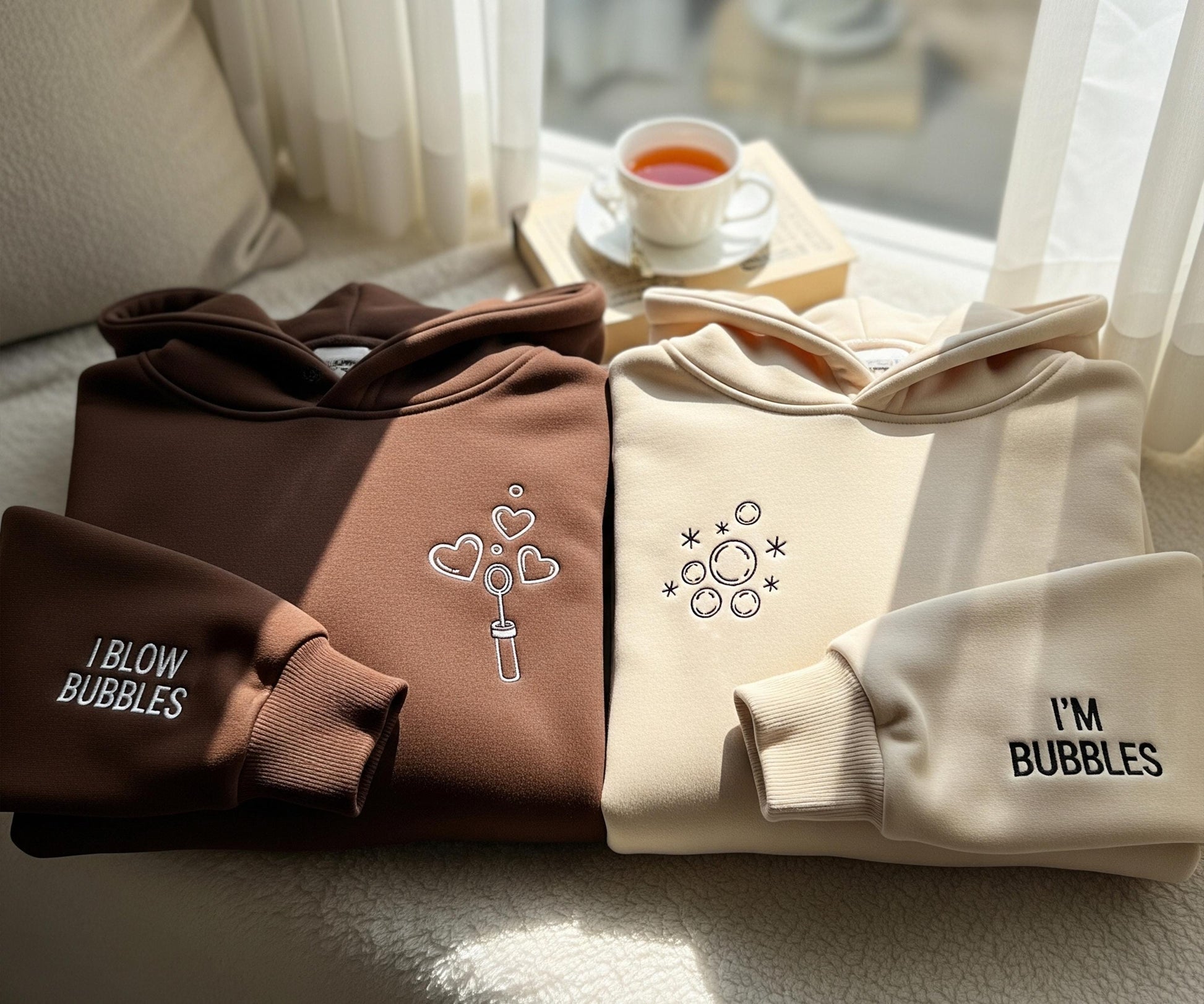 I Blow Bubbles I’m Bubbles Embroidered Couple Sweatshirt, Funny Valentine Matching Pullover, Custom Name Initial Gift for Boyfriend Girlfriend