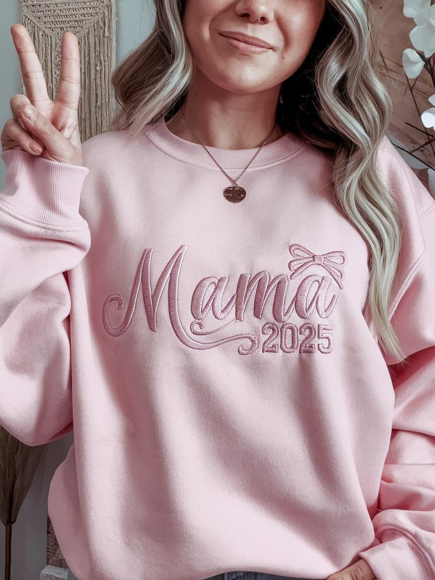 Pink Mama Est 2025 Embroidered Sweatshirt, Trendy And Cute Bow Mama Sweatshirt, Sweatshirt With Bow, Dainty Embroidered