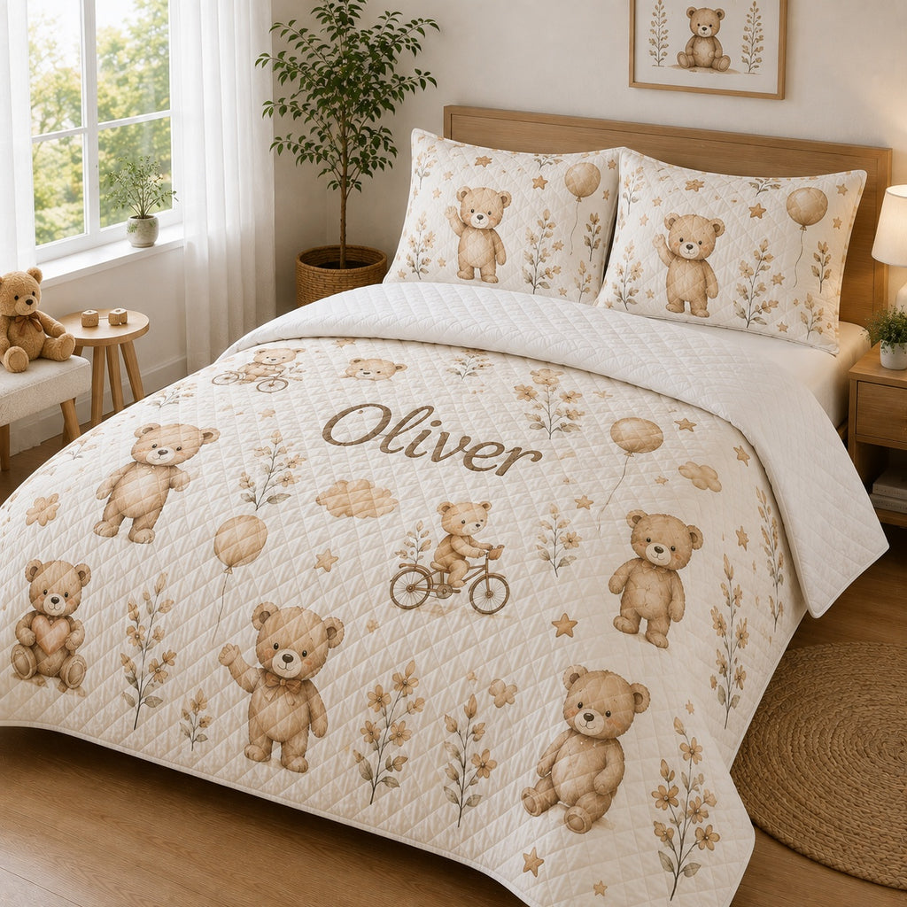 Bear Blanket, Cute Bear Quilted Bedding Set, Custom Bear Quilt with Pillow Covers, Neutral Kids Nursery Bedding QBEDSET34
