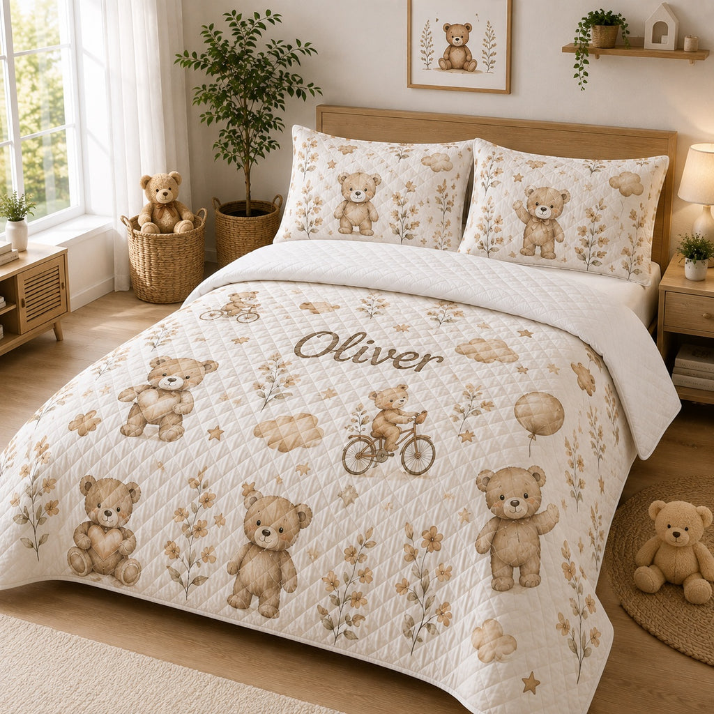 Bear Blanket, Cute Bear Quilted Bedding Set, Custom Bear Quilt with Pillow Covers, Neutral Kids Nursery Bedding QBEDSET34