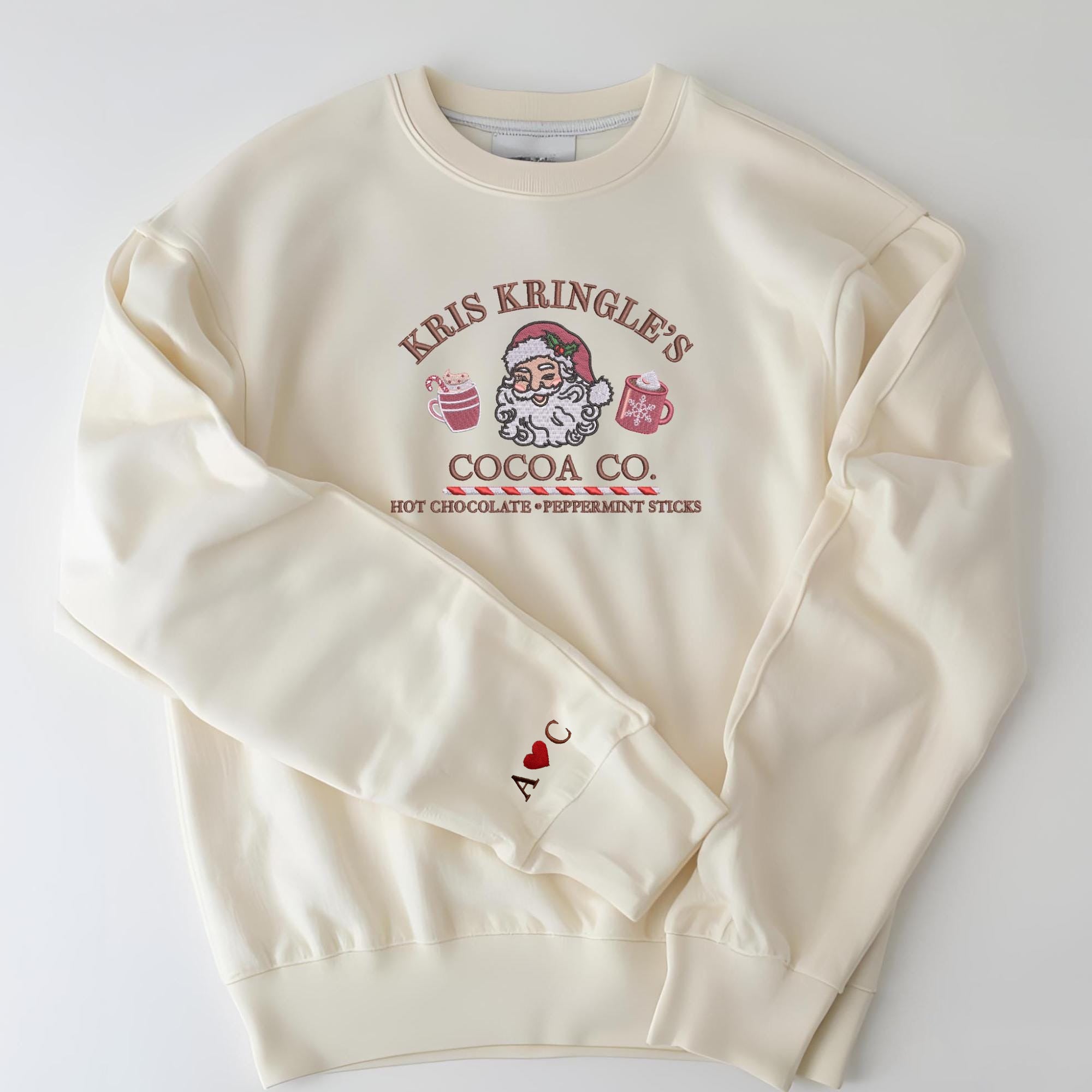 Kris Kringle Cocoa Co. Embroidered Sweatshirt, Vintage Christmas Sweater, Hot Cocoa Holiday Shirt, Cozy Winter Outfit Gift