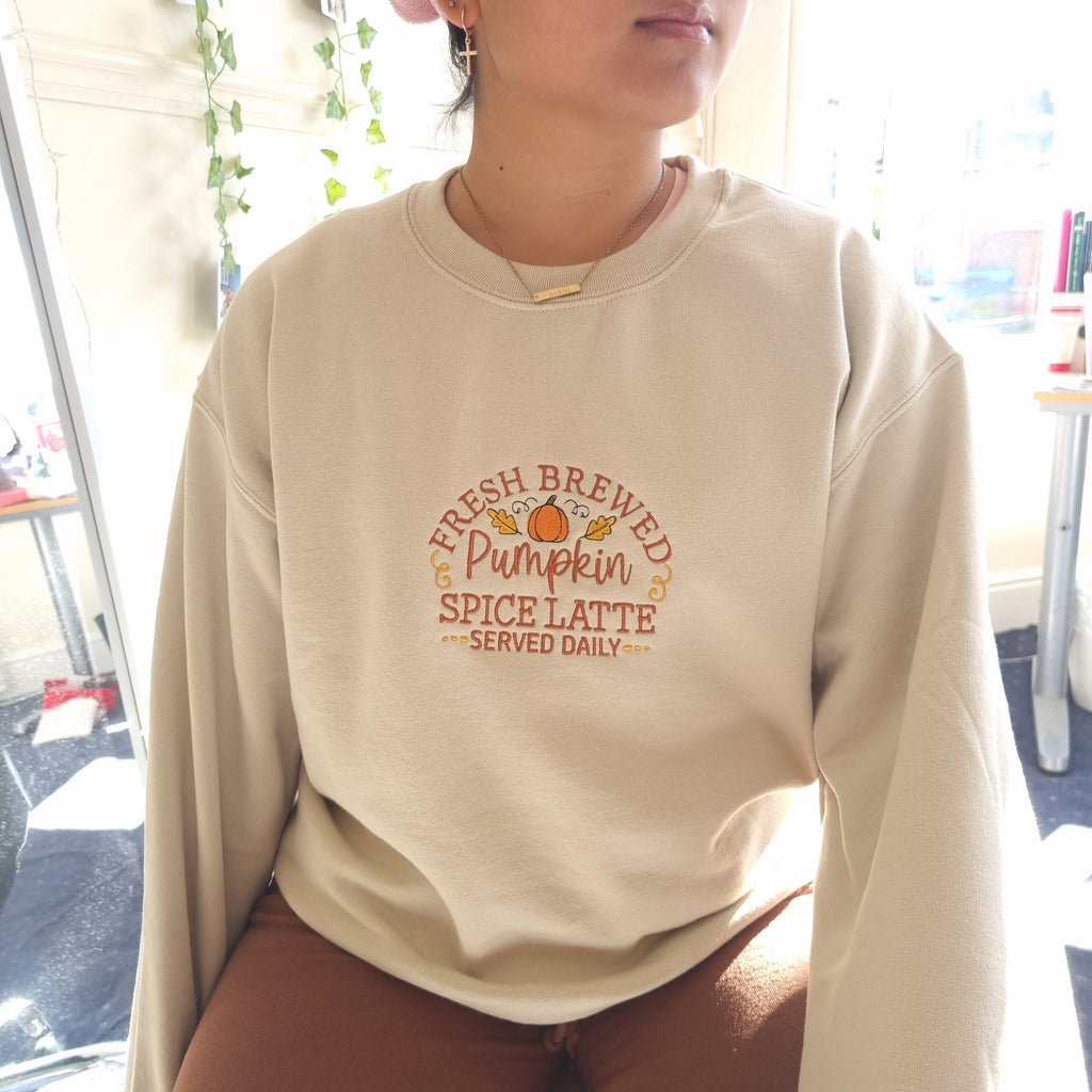 Embroidered Sweatshirt, Pumpkin Spice Latte Sweatshirt, Coffee Lover Embroidered Jumper, Embroidered Fall Sweatshirt, Cozy Fall Crewneck