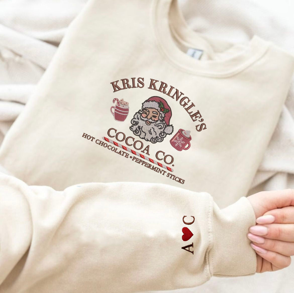 Kris Kringle Cocoa Co. Embroidered Sweatshirt, Vintage Christmas Sweater, Hot Cocoa Holiday Shirt, Cozy Winter Outfit Gift