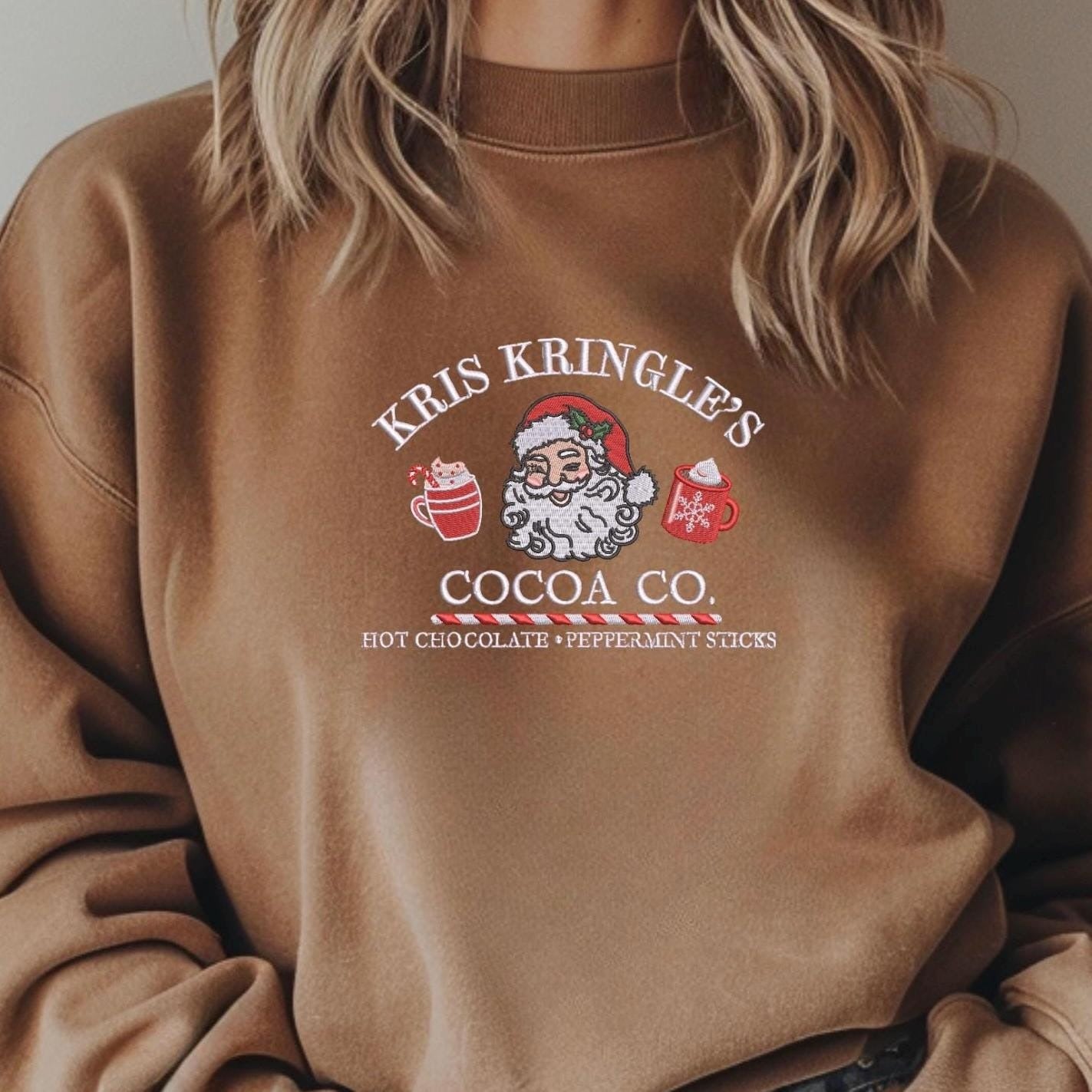 Kris Kringle Cocoa Co. Embroidered Sweatshirt, Vintage Christmas Sweater, Hot Cocoa Holiday Shirt, Cozy Winter Outfit Gift