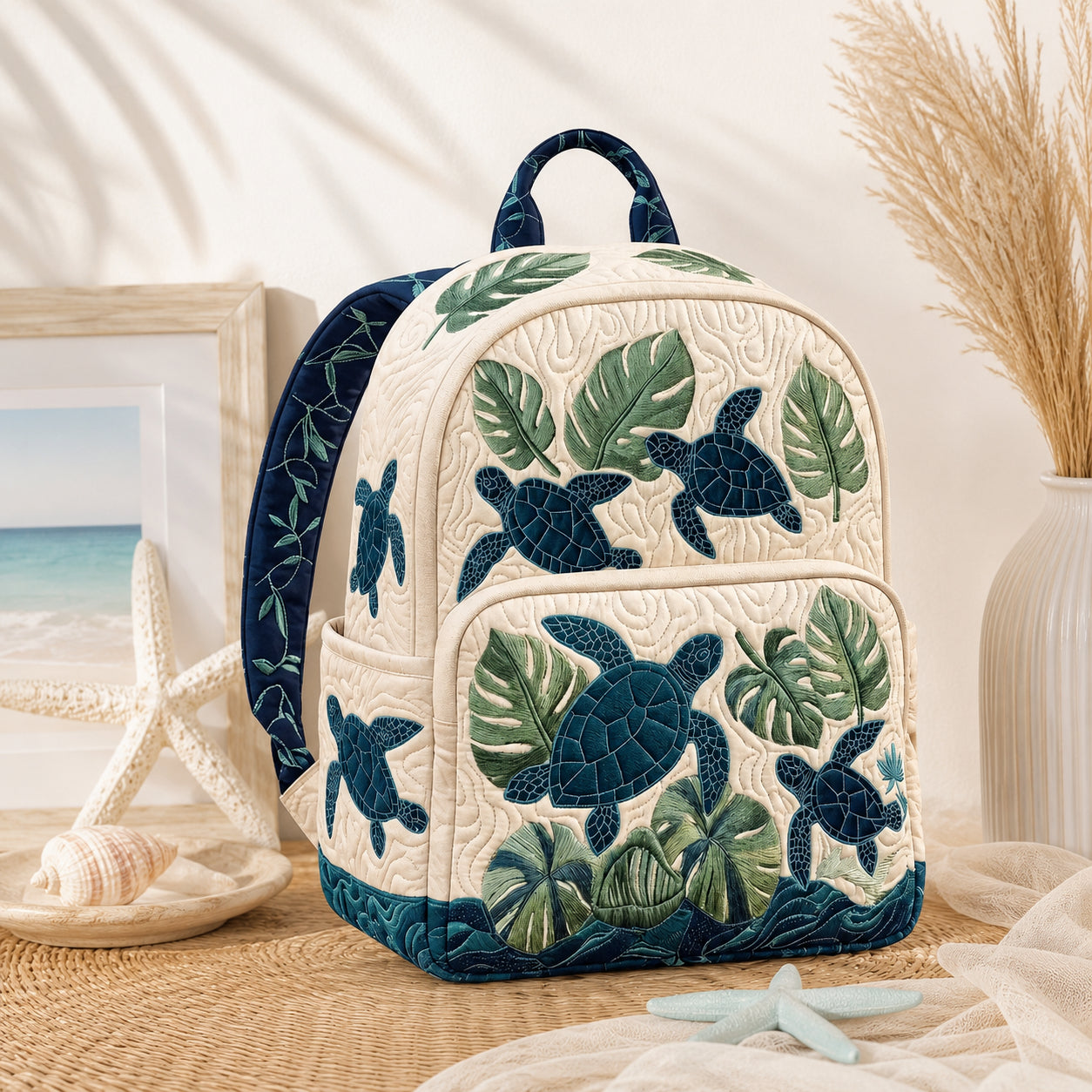 Sea Turtle Monstera Quilted Backpack, Tropical Ocean Backpack, Mini Travel Bag, School Bag, Back To School Backpack QBP20