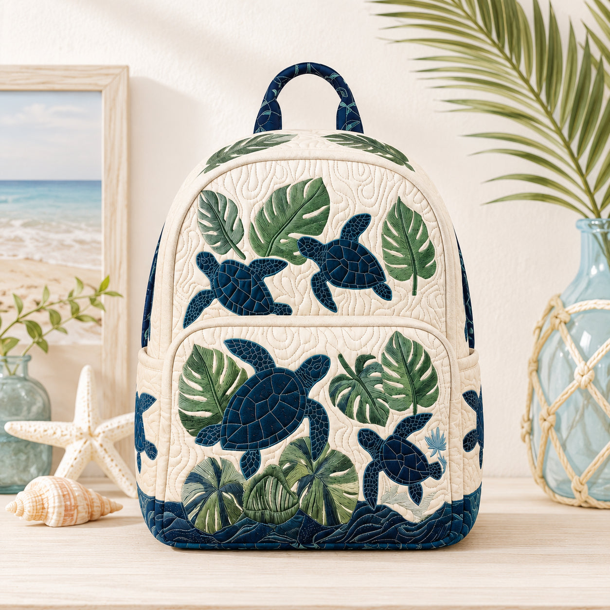 Sea Turtle Monstera Quilted Backpack, Tropical Ocean Backpack, Mini Travel Bag, School Bag, Back To School Backpack QBP20