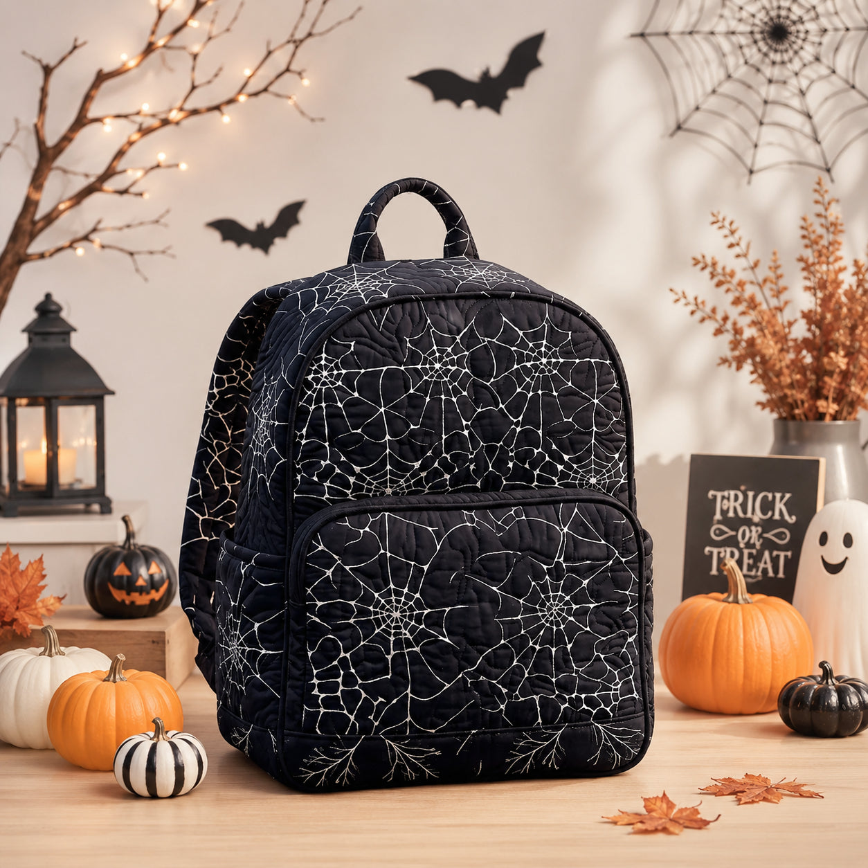 Halloween Spider Web Quilted Backpack, Black Gothic Backpack, Mini Travel Bag, School Bag, Back To School Backpack QBP21
