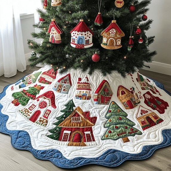 Gingerbread Village Quilted Tree Skirt, Patchwork Xmas Tree Skirt, Holiday Decor, Xmas Tree Base Cover, Custom Tree Skirt XMASTS29