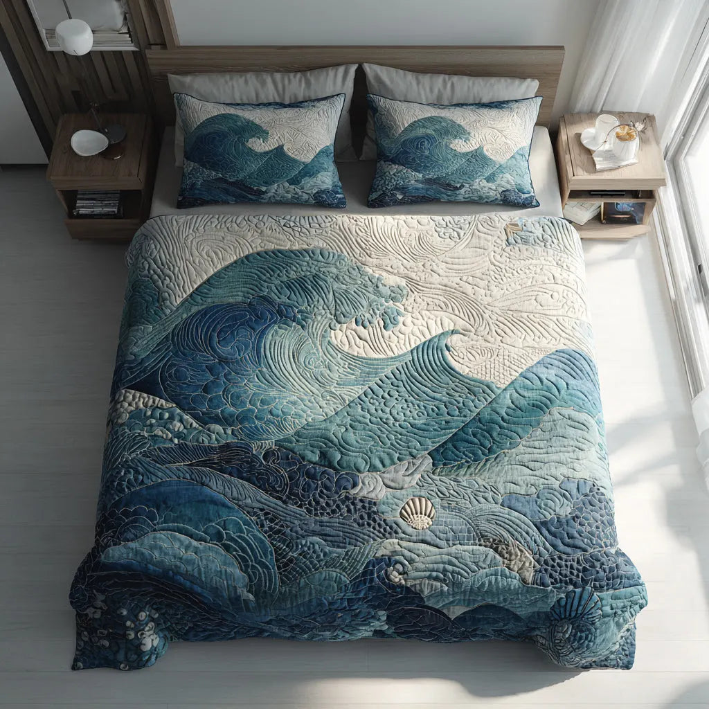 Ocean Waves Quilted Bedding Set, Coastal Blue Sea Blanket, Quilt with Pillow Covers, Bedroom Decor QBEDSET62