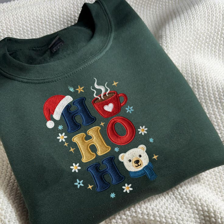 Ho Ho Ho Embroidered Sweatshirt, Cute Christmas Bear Sweater, Holiday Cocoa Shirt, Cozy Festive Crewneck, Xmas Gift