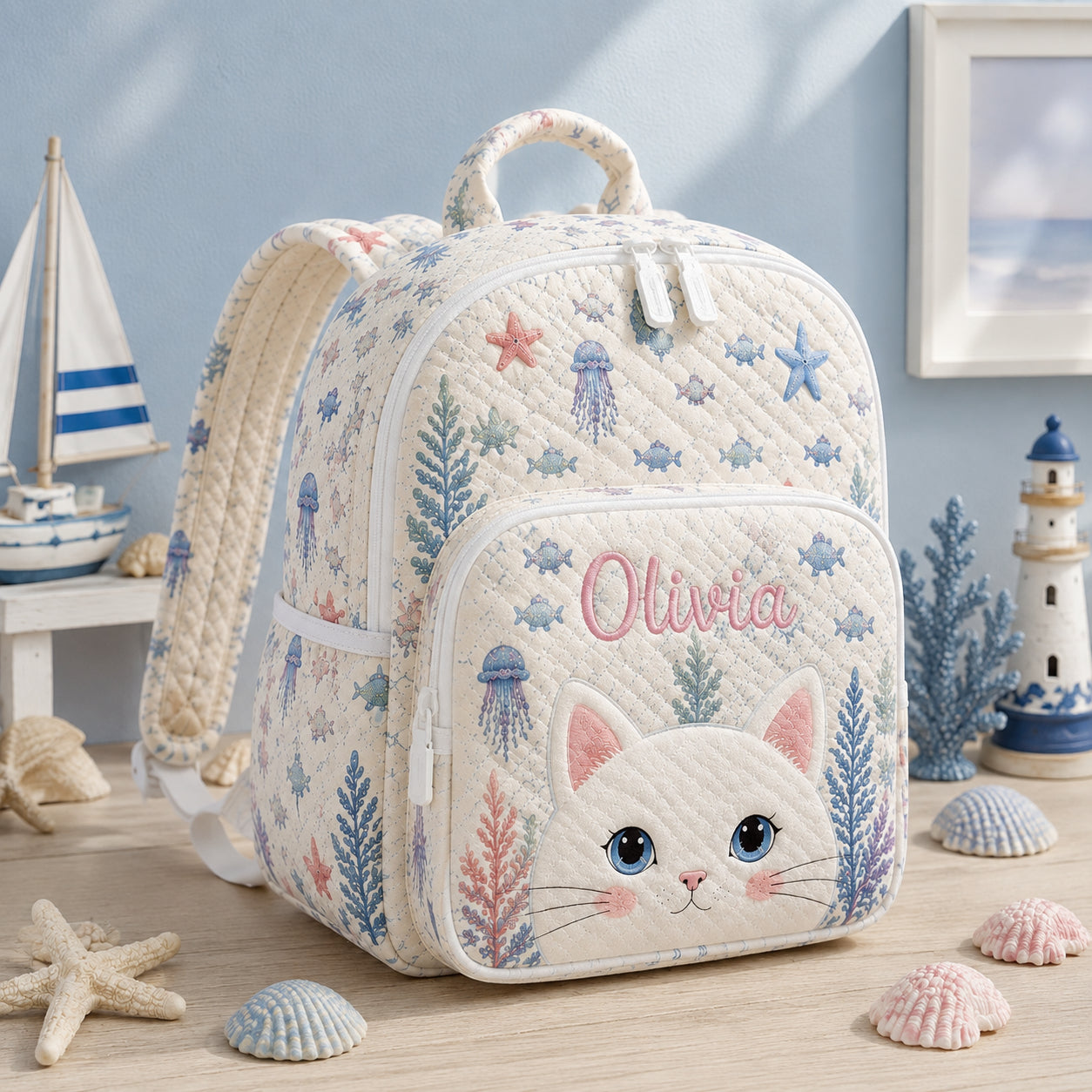 White Cat Quilted Backpack, Cat Backpack, Mini Travel Bag, School Bag, Back To School Backpack QBP22